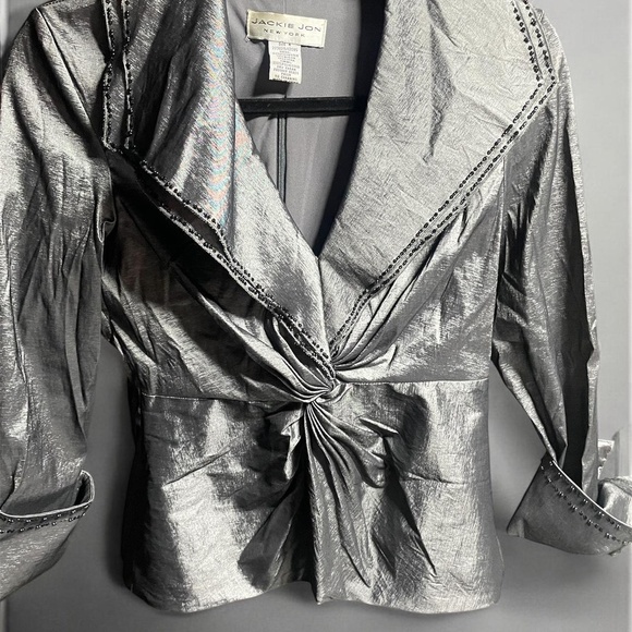 Jackie Joy silver metallic jacket with beaded trim and tie front #glam #regency - Picture 1 of 8